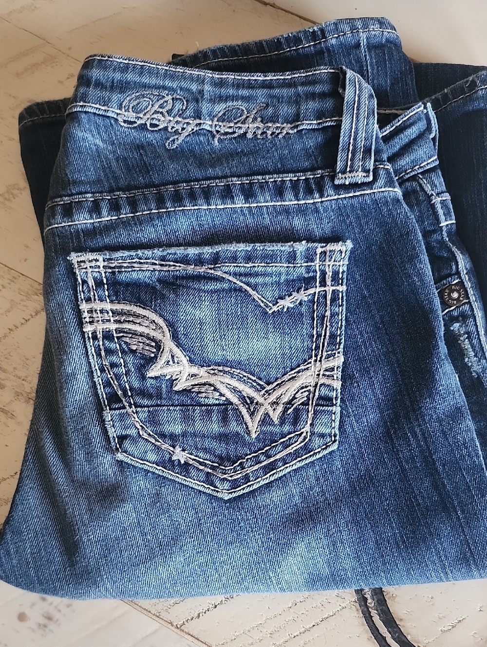 Big Star Denim Bootcut Jeans in Blue with White Embroidery